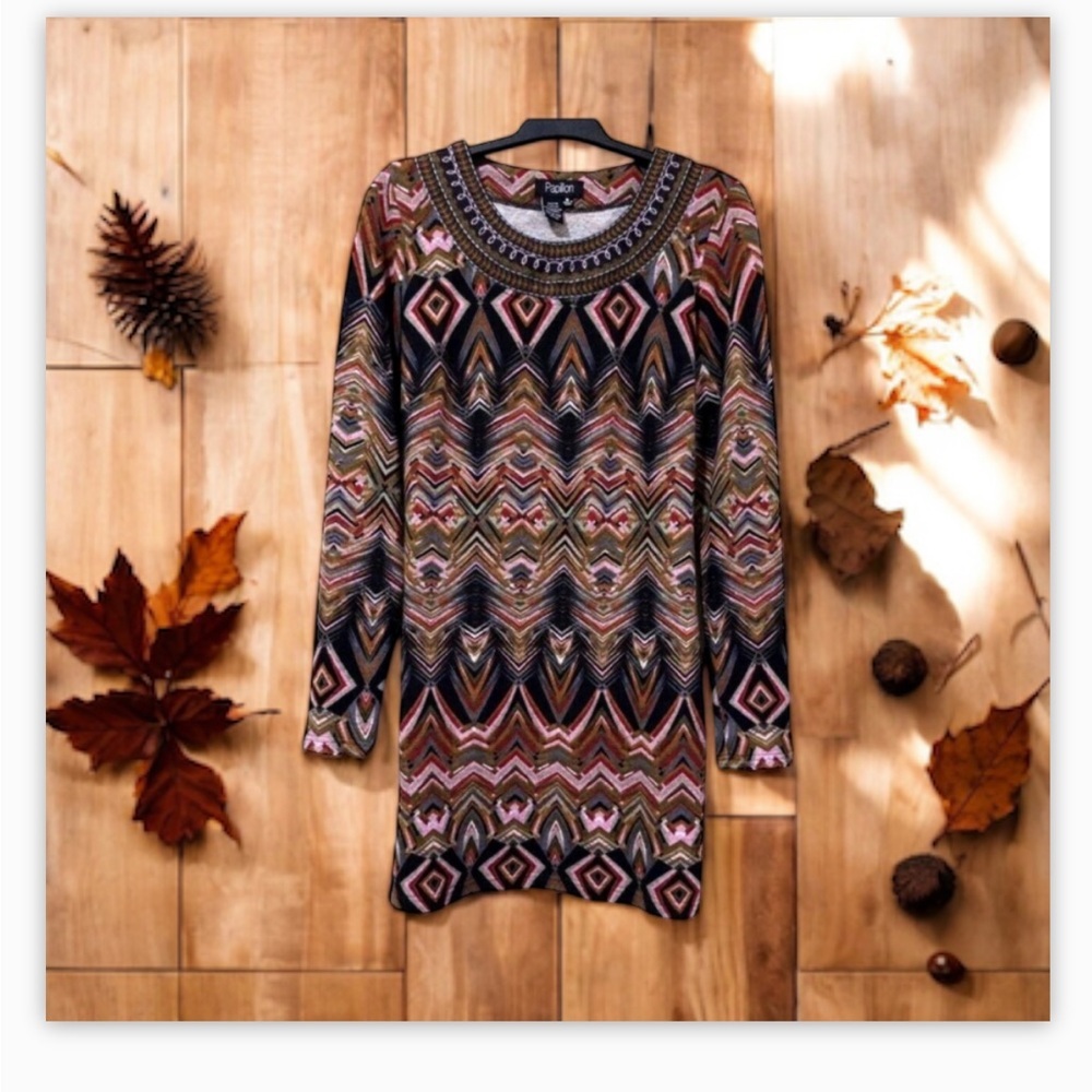 Papillon Fall Colors Print Embroidered Sweater Dress -Gorgeous-EUC-SzM 🍂